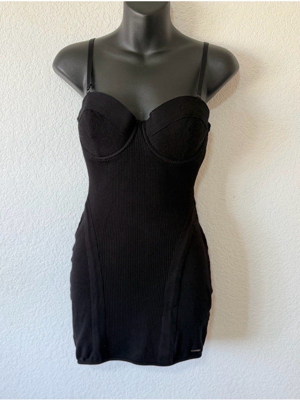 Guess Black Ribbed Bodycon Slip with Built-In Cups